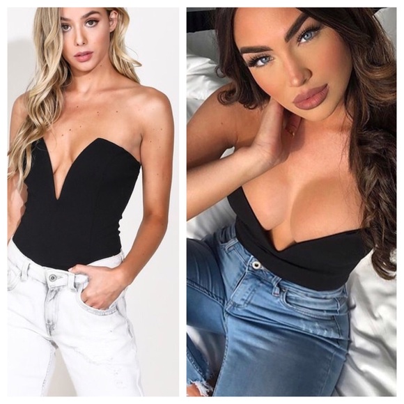 Tops - Deep V Black Bodysuit